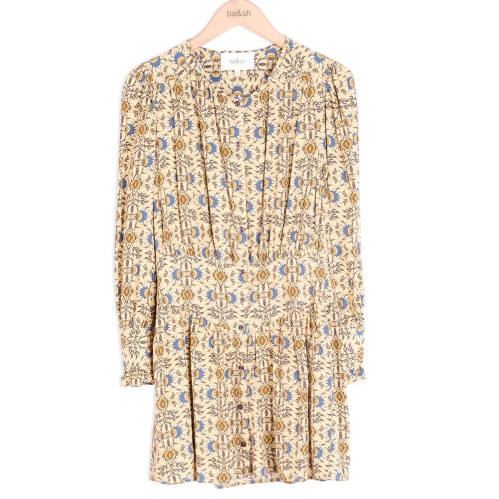ba&sh Cream Floral Long-Sleeve Mini Dress with Blue and Mustard Accents
